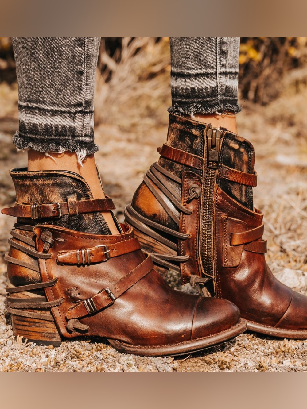 Freebird Crue Distressed Brown Leather Strap Ankle Booties Size 7